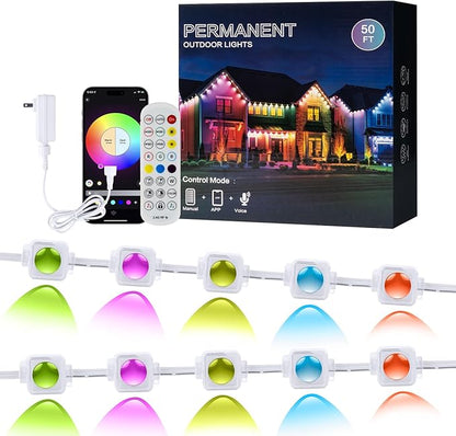Permanent Outdoor Lights 50ft 30 LED RGB+IC, APP Control with Remote, Music Sync DIY DreamColor, Timing Warm Cool White, IP65 Waterproof for Halloween Christmas House Eave Decorations