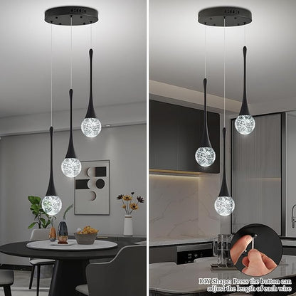 Modern Crystal Kitchen Island Chandelier 3-Lights Black, LED Dimmable Raindrop Indoor Lighting Fixture for Dining Room Foyer Entryway Remote Control