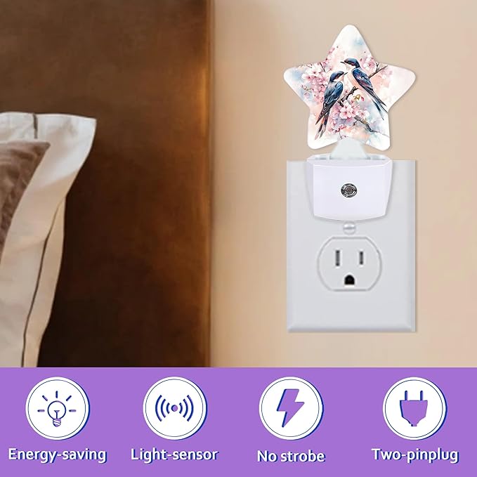 Spring Birds Night Lights Plug Into Wall,Pink Flowers Dusk to Dawn Light Sensor Night Light for Kids, Energy Efficient Sleep Friendly Lamp for Bedroom Bathroom Nursery