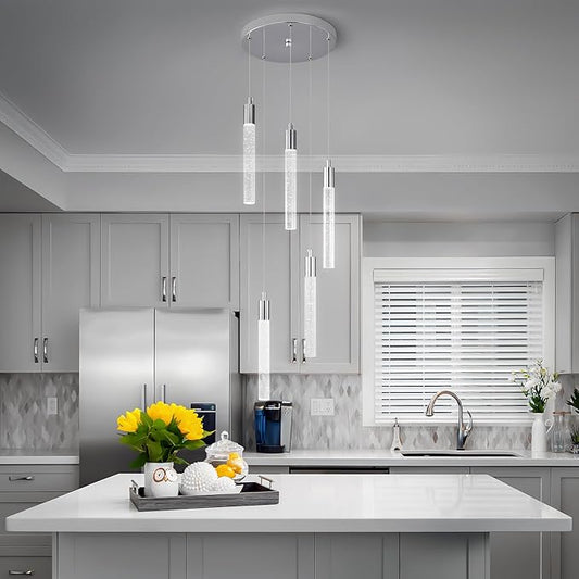 Modern Light Fixture Kitchen Island Pendant Light Dimmable LED Chrome Pendant Lights Mini Crystal Pendant Lighting for Bedroom Dining Room Living Room（5-Light ）