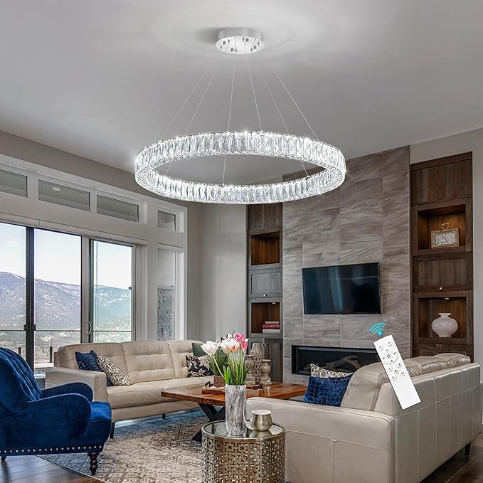 HAIXIANG Modern Crystal Chandelier Dimmable LED Ring Pendant Chandeliers Light Adjustable Glam Hanging Lighting Fixtures for Dining Room Living Room Bedroom Silver Light