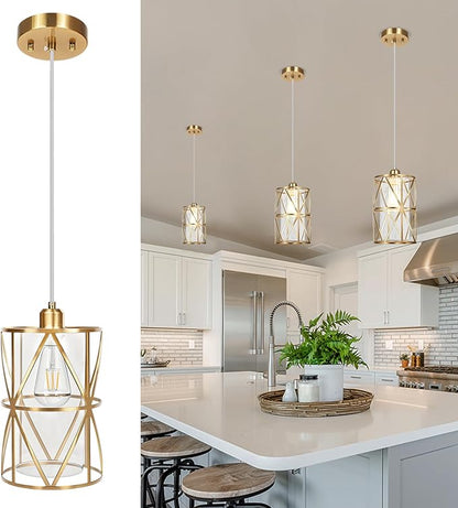 Brushed Gold Pendant Light, 5.4"×7.9" Dual-Shade Kitchen Island Lighting with Clear Glass Shade, E26 Adjustable Height 1"-61", UL Listed, for Dining Room Foyer Entryway — Bulbs Not Included