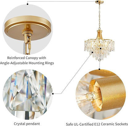WUZUPS Crystal Chandelier Pendant Ceiling Light Modern Lighting Fixture for Bedroom Hallway Entry Kitchen Bathroom, H 21.1" x W 19.3", E12 Base, Gold