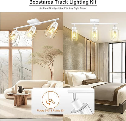 BoostArea White LED 3 Light Track Lighting Kit, 3 Way Ceiling Spot Lighting with Glass Lampshade, Flexibly Rotatable Light Head for Kitchen, Living Room, Bedroom, Bulb Not Included