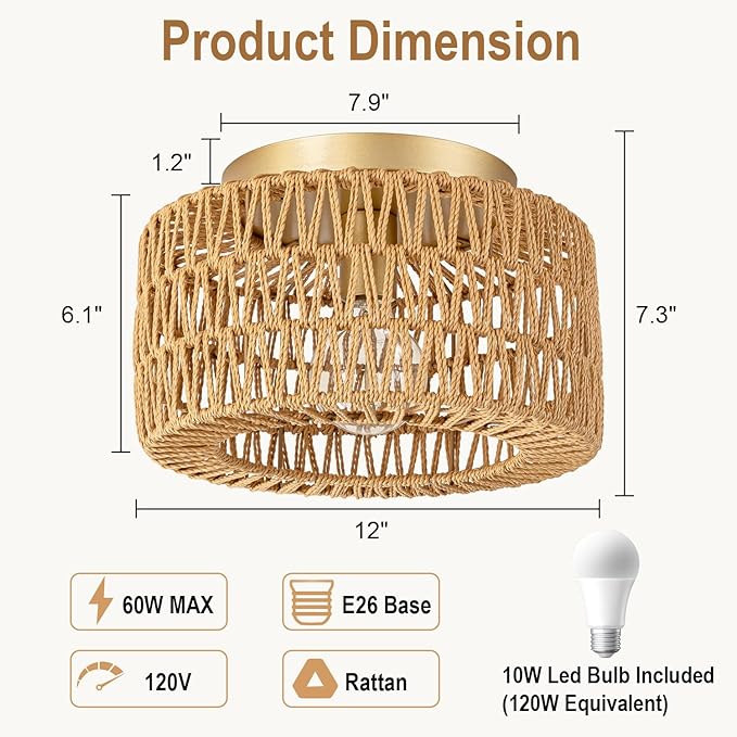 SineRise Rattan Ceiling Light Fixtures (12-Inch, LED Bulb Included), Hand-Woven Boho Flush Mount Ceiling Light, Rattan Chandelier for Hallway Kitchen Farmhouse Foyer Entryway Living Room(Gold)