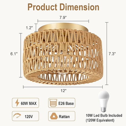 SineRise Rattan Ceiling Light Fixtures (12-Inch, LED Bulb Included), Hand-Woven Boho Flush Mount Ceiling Light, Rattan Chandelier for Hallway Kitchen Farmhouse Foyer Entryway Living Room(Gold)