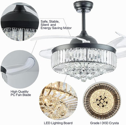 DuMaiWay 42" Dimmable Fandelier Crystal Ceiling Fans with Lights and Remote, Retractable Blades Chandelier Ceiling Fan for Living Room, Bedroom, Dining Room-Black