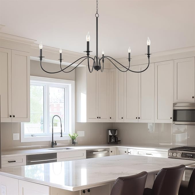 Kira Home Archer 47" 6-Light Large Farmhouse Black Chandelier, Modern Black Ceiling Fixture with Elegant Curved Swoop Arms, Black Finish