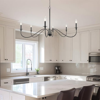 Kira Home Archer 47" 6-Light Large Farmhouse Black Chandelier, Modern Black Ceiling Fixture with Elegant Curved Swoop Arms, Black Finish