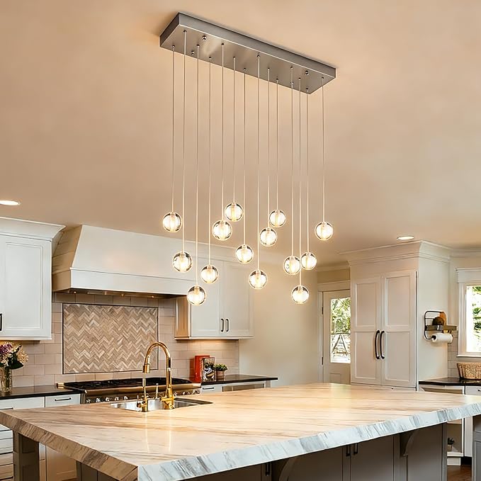 14 Lights Nickel Raindrop Rectangle Chandelier, Modern Bubble Crystal Chandelier for Dining Room, Large Pendant Light for High Ceilings Staircase Foyer Entryway Living Room Kitchen Island