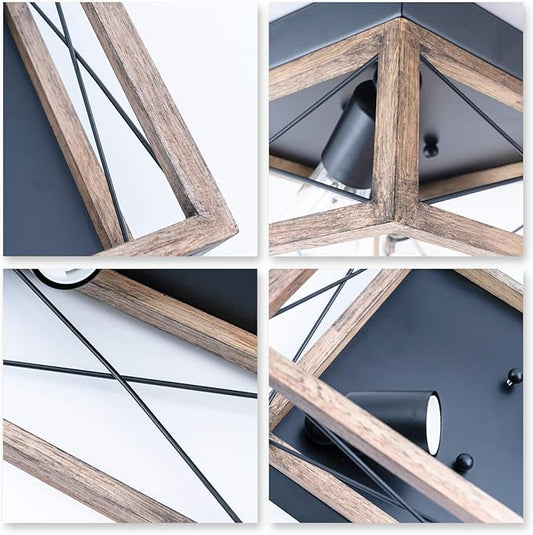 VILUXY Retro Industrial Rectangle Flush Mount Ceiling Light Fixture with Wood Shade for Hallway, Entryway, Passway, Dining Room, Bedroom, Balcony Living Room Two-Light