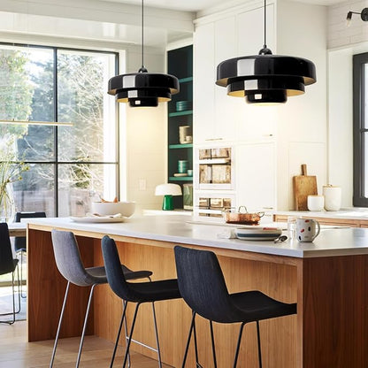 Black Mid Century Pendant Light, 59" Adjustable Hanging Cord with 3-Layer Metal Shade, Modern Chandelier for Dining Room, Kitchen Island, and Bedroom
