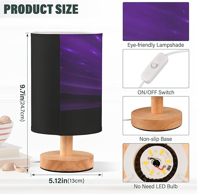 Table Lamp Magic Purple Rose Flower Neon Glare Floral Nightstand Lamp with Wood Base Fabric Lamp Shade Bedside Desk Lamp for Living Room Bedroom Kids Room Office