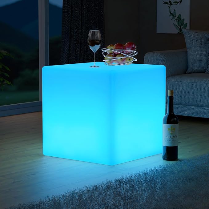 FUYO 16 inch LED Light Cube with Remote Waterproof Light Up Cube Chair, 16 RGB Colors LED Table for Kids Night Light, Glow Cube for Indoor Outdoor Home Patio Party (White-16 inch)