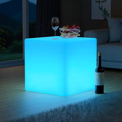 FUYO 16 inch LED Light Cube with Remote Waterproof Light Up Cube Chair, 16 RGB Colors LED Table for Kids Night Light, Glow Cube for Indoor Outdoor Home Patio Party (White-16 inch)