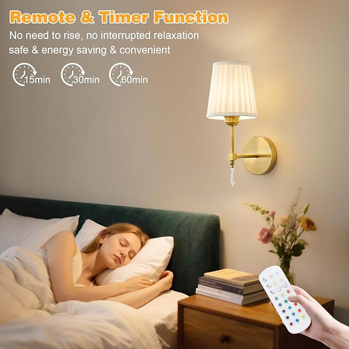 Battery Operated Wall Sconce Set of 2, 10000 Mah Rechargeable Wall Sconces Dimmable 12 RGBS,Remote Wireless Sconces,Gold Sconces Wall Decor Set of 2 Fabric,Cordless Wall Lamp for Bedroom,Living Room