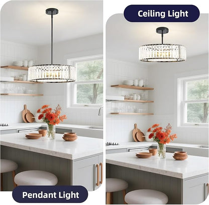 4-Light Black Crystal Chandelier for Dining Room,Modern Semi Flush Mount Ceiling Lighting Fixtures,Round Kitchen Hanging Drum Pendant Lights for Living Room Bedroom Foyer， 16 Inch