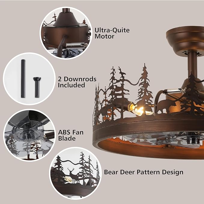 Farmhouse Rustic Ceiling Fan with Light, 21" Vintage Cage Ceiling Fans with Lights, Rustic Ceiling Fan for Living Room, Bedroom, Hallway, Entryway Lighting