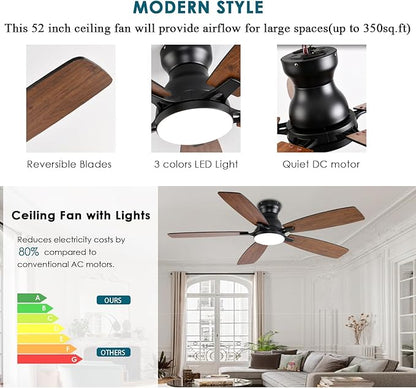 JSAITEE Ceiling Fans with Lights, 52 Inch Low Profile Ceiling Fan with Light and Remote Control, Flush Mount, DC Reversible Motor, Noiseless, Brown 6 Speeds Ceiling Fan for Bedroom