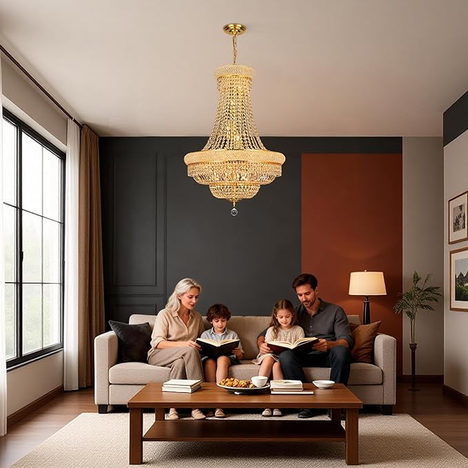 Crystal Chandeliers for Dining Room Light Fixture，Empire Style K9 Crystal Chandeliers for Entryway，18 Lights Gold Luxury Lighting Fixtures for Living Room Bedroom Foyer Hallway D26 Inch