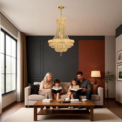 Crystal Chandeliers for Dining Room Light Fixture，Empire Style K9 Crystal Chandeliers for Entryway，18 Lights Gold Luxury Lighting Fixtures for Living Room Bedroom Foyer Hallway D26 Inch