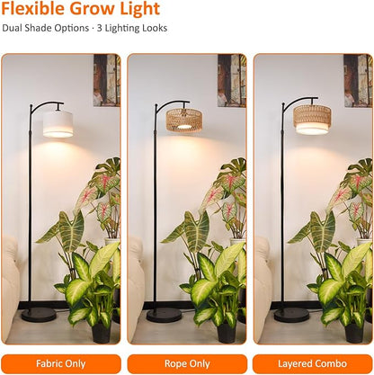 Bstrip 65-72.8 Inches Adjustable Grow Light for Indoor Plants, Boho Rattan & Fabric Shade Standing Grow Lamp, 25W 3000K Full Spectrum LED Plant Light with Auto On/Off Timer