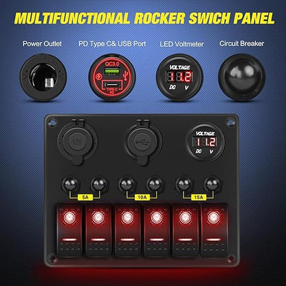 Nilight 6 Gang Rocker Switch Panel Waterproof Pre-Wired Aluminum Panels with PD Type C and USB Cigarette Lighter Socket Voltmeter 12V 24V ON Off Switches for Car Trucks Boats RVs Red