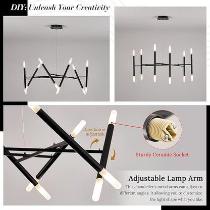 12 Light Black Chandelier Modern Kitchen Chandeliers Adjustable Arms Chandeliers Light Fixture Over Dining Table Comtemporary Metal Hanging Lights Fixture for Bedroom Entry Bathroom, G9