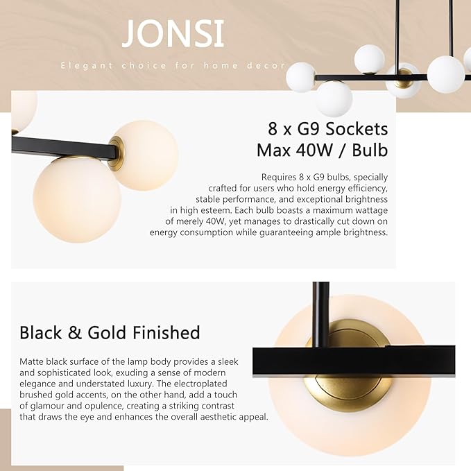 Jonsi Dining Room Light Fixture Over Table, Mid Century Chandeliers, Modern 8 Lights Globe Glass Linear Chandelier Adjustable Ceiling Hanging for Living Dining Room Kitchen Island, Black and Gold