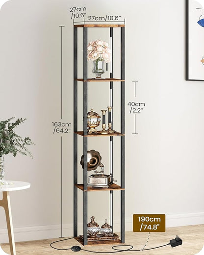 64.2" Display Shelf with Light, Modern Corner Floor Lampe with Shelves, LED Dimmable Standing Lamp with Remote for Living Room, Bedroom, Office, Adjustable CCT, Rustic Brown Square F51LD05