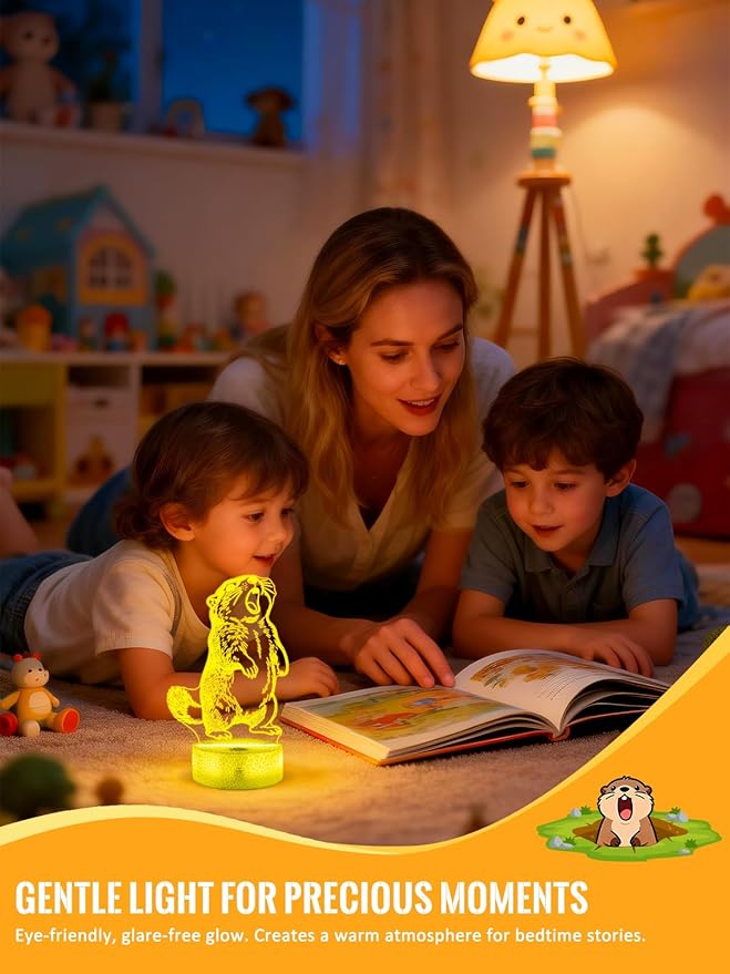 Lampeez Groundhog 3D Night Light for Kids, LED 16 Colors Remote Control Changing Touch Dimmable Table Desk Lamp, Cute Animal Gifts for Groundhog Lovers Animal Fans