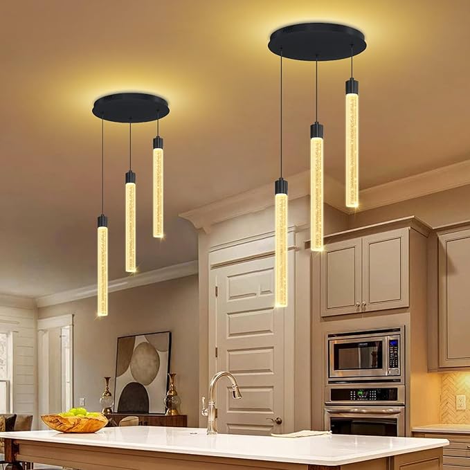 LED Black 3-Light Pendant Light for Kitchen Island Modern Dimmable Led Crystal Column Chandelier for Dining Room Foyer Entryway Hanging Pendant Lighting 2700K-6000K