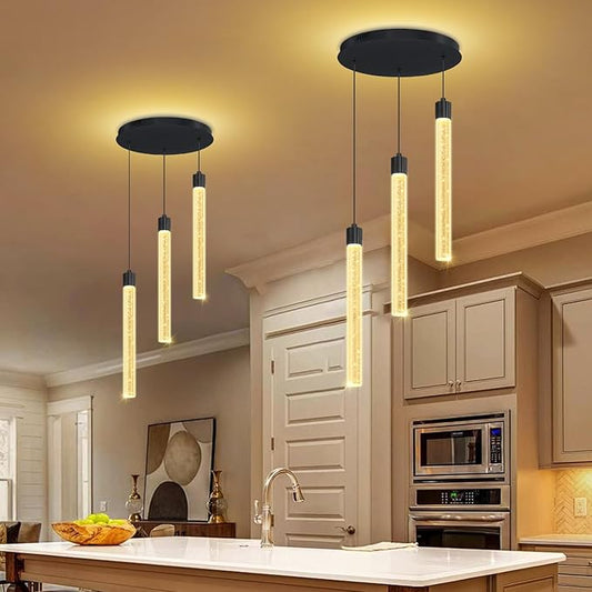 LED Black 3-Light Pendant Light for Kitchen Island Modern Dimmable Led Crystal Column Chandelier for Dining Room Foyer Entryway Hanging Pendant Lighting 2700K-6000K