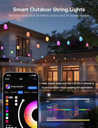 APPECK Outdoor String Lights, 50ft Smart RGBW Patio Lights Outside with 15 LED Bulbs, Extendable, 111 Scene Modes, IP65 Waterproof Lighting for Backyard, Dimmable Warm White, Compatible with Alexa