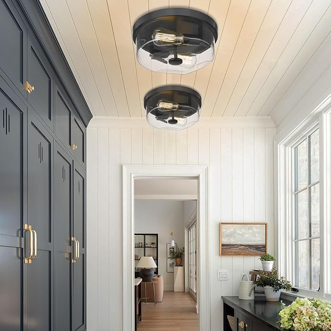Flush Mount Ceiling Light with Clear Glass Shade, 2-Light Indoor Outdoor Farmhouse Lighting Flush Mount Lights for Kitchen Bedroom Porch Living Dining Room(Black)
