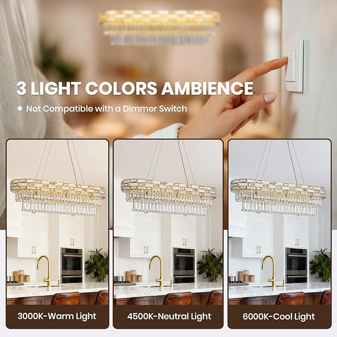 SNZ 35.4" L Modern Crystal Chandelier, Gold Large Chandeliers for Dining Room, K9 Luxury Chandelier, Pendant Light Fixture, LED Chandelier for Living Room Kitchen Island Entryway