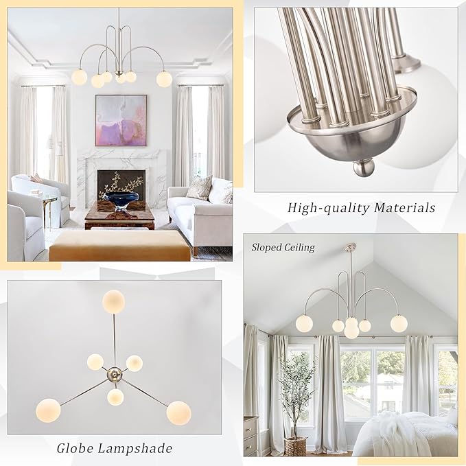 Brushed Nickel Sputnik Chandelier,Modern 6 Lights Chandelier Large L40”Mid Century Long Ceiling Pendant Light Fixtures for Dining Room with Milk Glass Globe Shades for High Ceiling Foyer Living Room