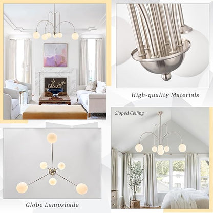 Brushed Nickel Sputnik Chandelier,Modern 6 Lights Chandelier Large L40”Mid Century Long Ceiling Pendant Light Fixtures for Dining Room with Milk Glass Globe Shades for High Ceiling Foyer Living Room