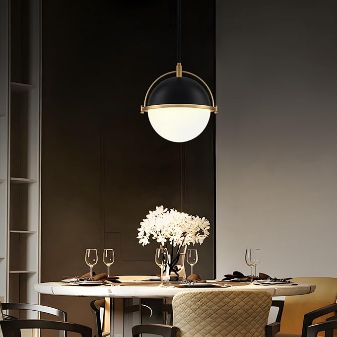 9.5 Inch Black and Gold Globe Pendant Lights Kitchen Island, Mid Century Modern Pendant Light Fixtures with Milk Glass Lampshade, Adjustable Pendant Lights for Dining Room Cafes Restaurants