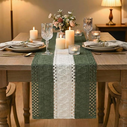 Artoid Mode Army Green Farmhouse Rustic Table Runner, Seasonal Hollow Kitchen Dining Table Decoration for Home Party Decor 12x72 Inch