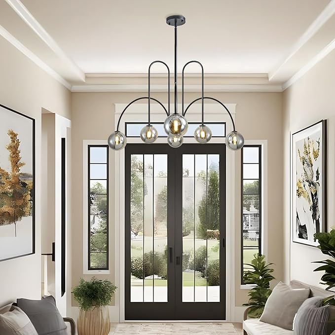 Modern Black Sputnik Chandelier 6-Light Mid Century Chandelier for Dining Room with Smoke Gray Glass Globe Ceiling Pendent Light Fixture for Living Room Kitchen Island Foyer Bedroom