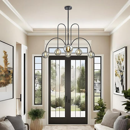 Modern Black Sputnik Chandelier 6-Light Mid Century Chandelier for Dining Room with Smoke Gray Glass Globe Ceiling Pendent Light Fixture for Living Room Kitchen Island Foyer Bedroom