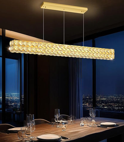 47'' Modern Crystal Chandelier for Dining Room Ceiling Light Fixture for Living Room Hallway Lighting LED Dimmable with Remote Gold