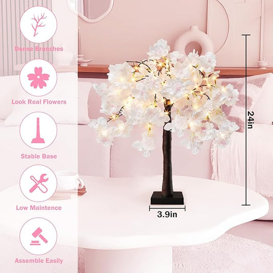 obbsie 24 Inch Lighted Cherry Blossom Tree, 2 Pack Artificial Bonsai Flower Tree with Timer Battery/USB Operated Pink Light Up Tabletop Tree for Spring Wedding Party Indoor Outdoor Decor