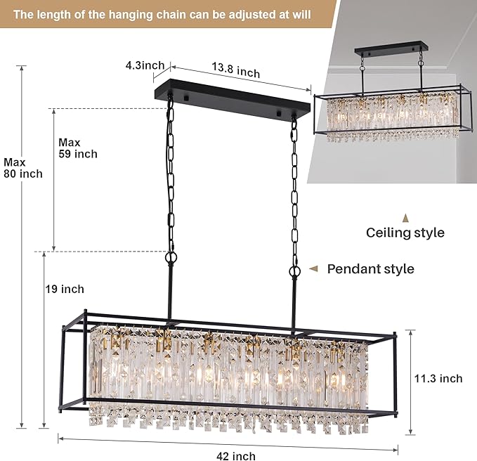 Crystal Chandeliers for Dining Room, Modern Black Chandelier for Living Room, Adjustable Height, 6-Light Pendant Light Fixture, 42 in Large Rectangle Lighting for Kitchen Island Living Room