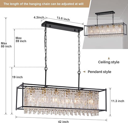 Crystal Chandeliers for Dining Room, Modern Black Chandelier for Living Room, Adjustable Height, 6-Light Pendant Light Fixture, 42 in Large Rectangle Lighting for Kitchen Island Living Room