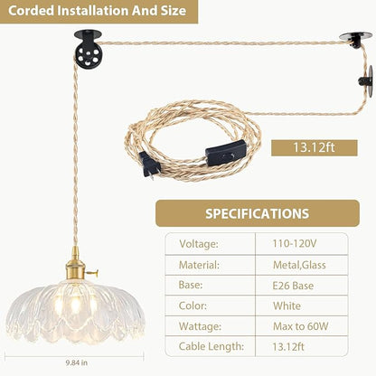 2 Pack Plug in Pendant Light Fixtures, Hanging Light Fixture Glass Pendant Light, Vintage Transparent Hanging Lamp, Pendant Lighting for Kitchen Island, Bedroom, Dining Room, Living Room