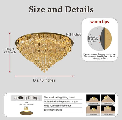 Flashing God 48inches Gold Crystal Chanderliers for Living Room Entryway Modern Crystal Folwer Ceiling Light for Foyer Interior LED Dimmable Lighting 2700k 4500k 6000k