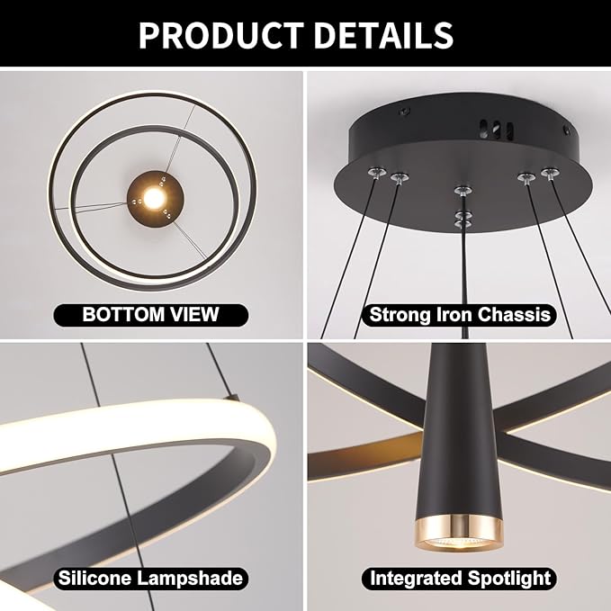 ORANOOR Modern LED Chandelier, Dimmable 20in Black Kitchen Pendant Light Fixture Dining Room Lights Ceiling Hanging, 2 Ring Round Chandeliers for Bedroom Living Room Staircase Over Table (3360lm)