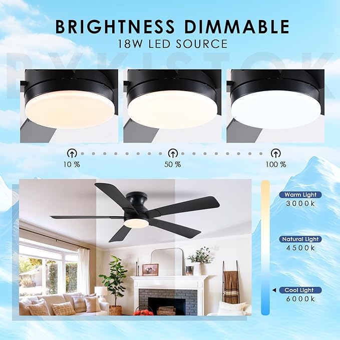 52 inch Ceiling Fans with Lights, Black Flush Mount Ceiling Fan with Remote, 3CCT, LED Dimmable, Reversible, 6 Fan Speeds, Quite Low Profile Ceiling Fan with Lights Modern Bedroom Kitchen Indoor